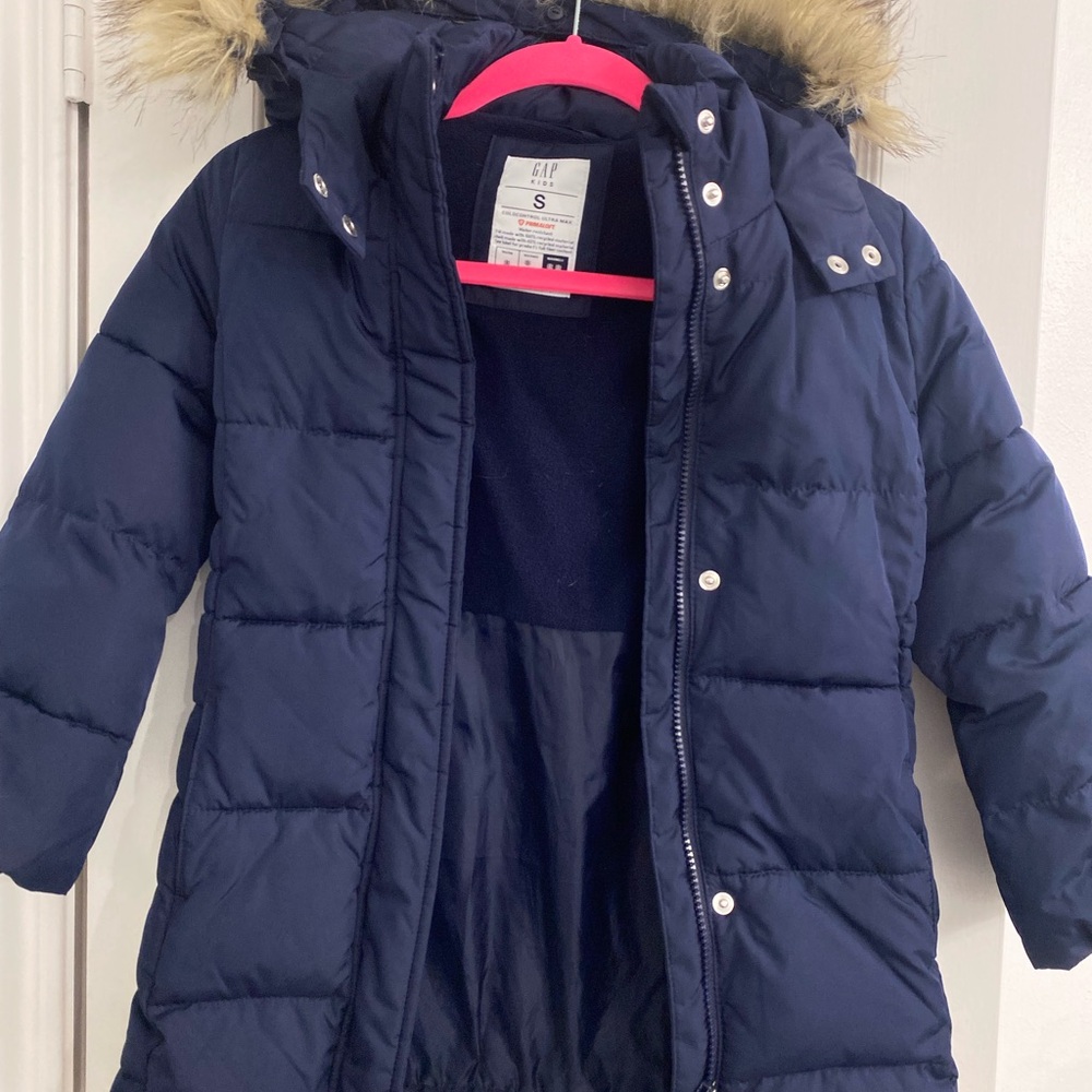 GAP kids Blue Puffer Coat with Faux Fur Hood